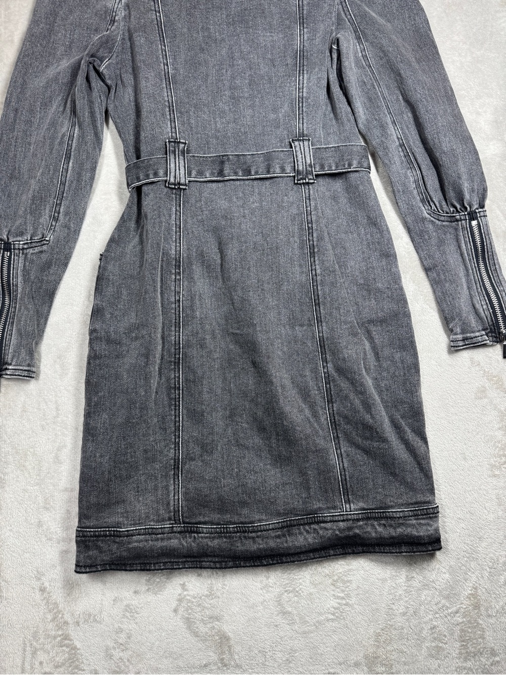 Bebe Puff Sleeves Faded Black Denim Jean Buttoned Belted Mini Dress Size 2 - Picture 14 of 16